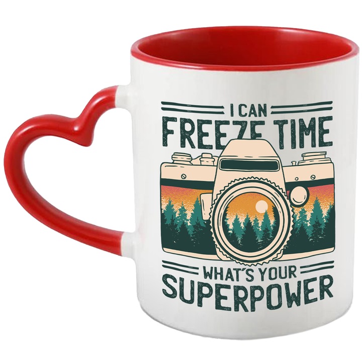 Cana Cu Aparat Foto Text In Engleza I Can Freese Time What's Your Super Power, Priveliste Monatna, Apus De Soare, Multicolor 330 ml, cu maner Inima Rosie