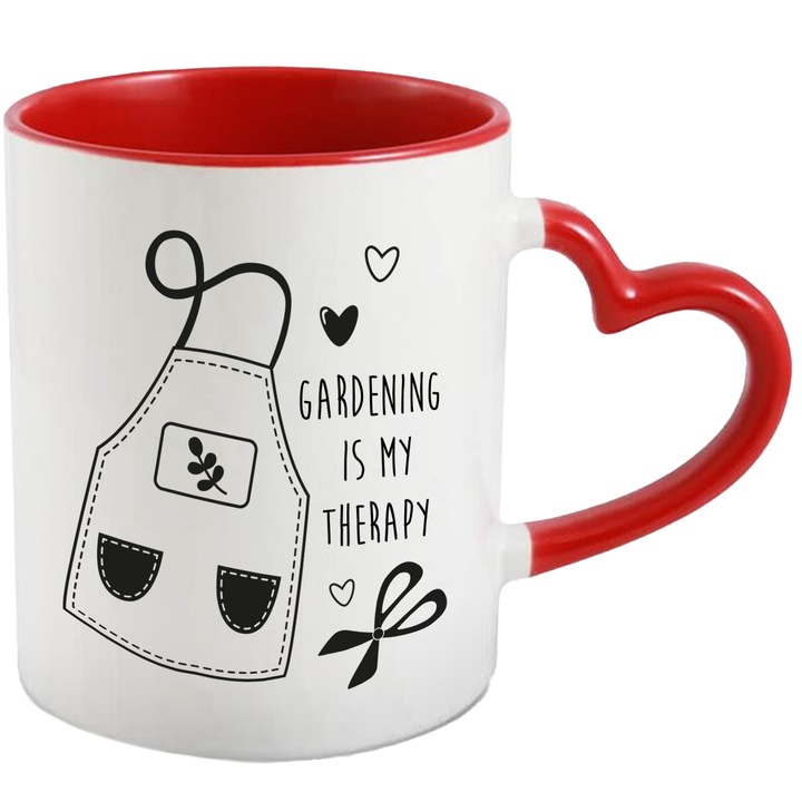 Cana Cu Mesajul Gardening Is My Therapi, Natura In Curtea Ta, Iubitorii De Gardinarit, 330 ml, cu maner Inima Rosie