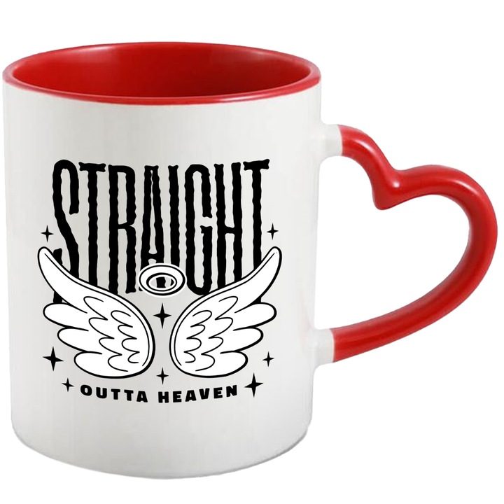 Cana Cu Straight Outta Heaven, Text In Engleza, Aripi De Ingeri Si Coroana, Alb Negru 330 ml, cu maner Inima Rosie
