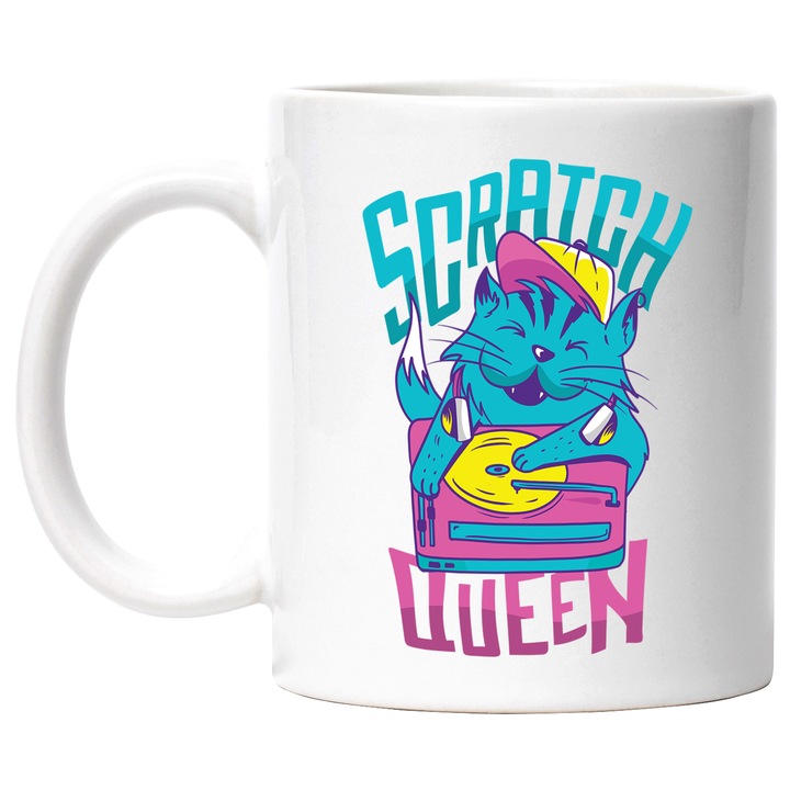 Cana Cu Mesajul Haios Scratch Queen, Pisica DJ, Palarie, Hippster, Iubitorii De Club, 330 ml, cu maner Alb