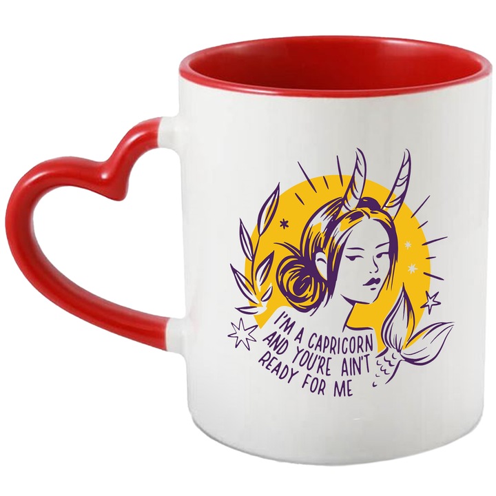 Cana Cu Semn Zodiac Capricorn, Fata Sirena cU Coarne Inalte, Text In Engleza I'm a Capricorn And You're Not Ready For Me, Mituri, Iubitorii De Zodiac, 330 ml, cu maner Inima Rosie