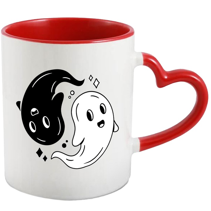 Cana Cu Simbol Yng Si Yang, Fantoma Alb Negru, Bine Si Rau, Mituri Vechi, Povesti, Alb Negru 330 ml, cu maner Rosu