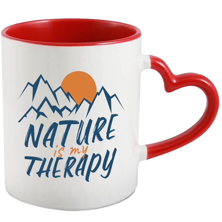Cana Cu Text In Engleza Nature Is My Therapy, Apus De Soare, Stanci Inalte, Munte, Aventura, Camping, Multicolor 330 ml, cu maner Inima Rosie