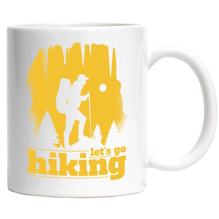 Cana Cu Mesajul Motivational Let's Go Hiking, Drumeti, Cercetas, Iubitorii De Aventura, 330 ml, cu maner Alb