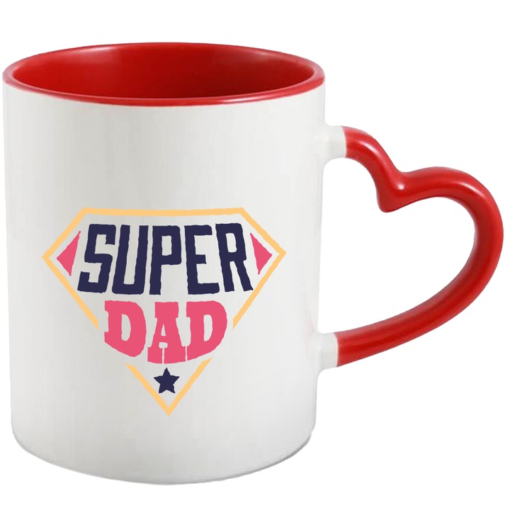 Cana Cu Text In Engleza Super Dad, Emblema Superman, Viitor Tatic, Familie, Tata Super Erou, Multicolor 330 ml, cu maner Inima Rosie