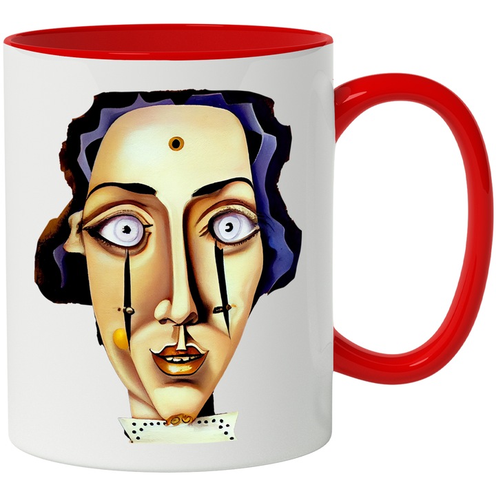 Cana Cu Portret Femeie Plangand, Caricatura, Lacrimi Negre, Par Mov, Multicolor 330 ml, cu maner Rosu