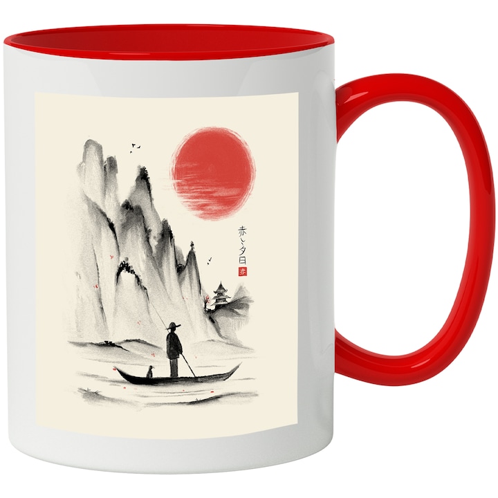 Cana Cu Arta Japoneza, Om Pe Barca La Apus, Stanci Inalte, Iubitorii De Anime, 330 ml, cu maner Rosu