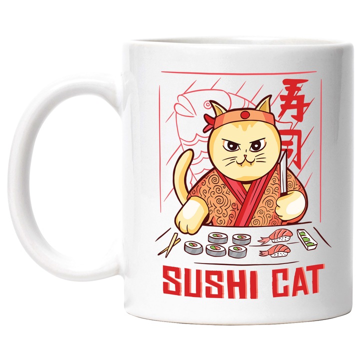 Cana Cu Pisica In Costum Traditional Asiatic Mancand Sushi, Text In Engleza Sushi Cat, Animale Blanoase, Iubitorii De Peste, 330 ml, cu maner Alb