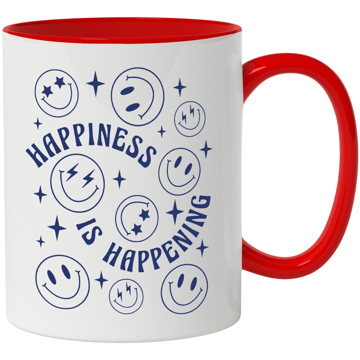 Cana Cu Text In Engleza Happines Is Hapening, Smiley Faces, Fericire, Be Happy, Albastru 330 ml, cu maner Rosu