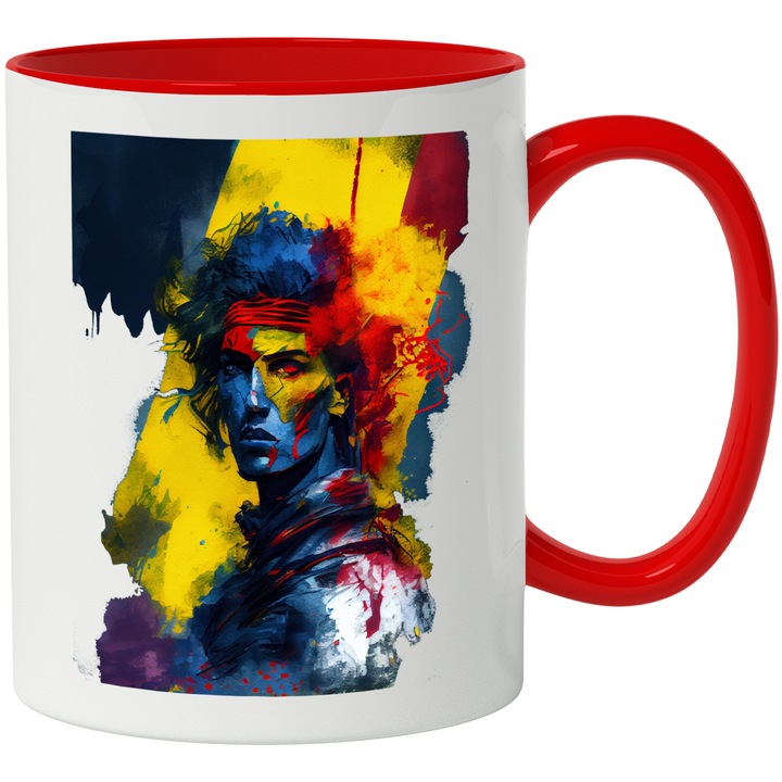Чаша с портрет на мъж в кръв, воин, знаме на Румъния, патриот, воин, многоцветна 330 ml, с червена дръжка