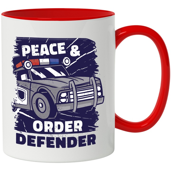 Cana Cu Text In Engleza Peace & Order Defender, Masina De Politie, Siguranta Si Incredere, Multicolor 330 ml, cu maner Rosu