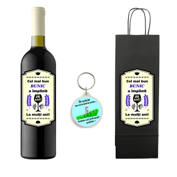Set personalizat sticla de vin rosu, demisec, Feteasca Neagra, 750 ml, breloc succes si punga de cadouri cu imprimeu Cel mai bun bunic a implinit 29 ani