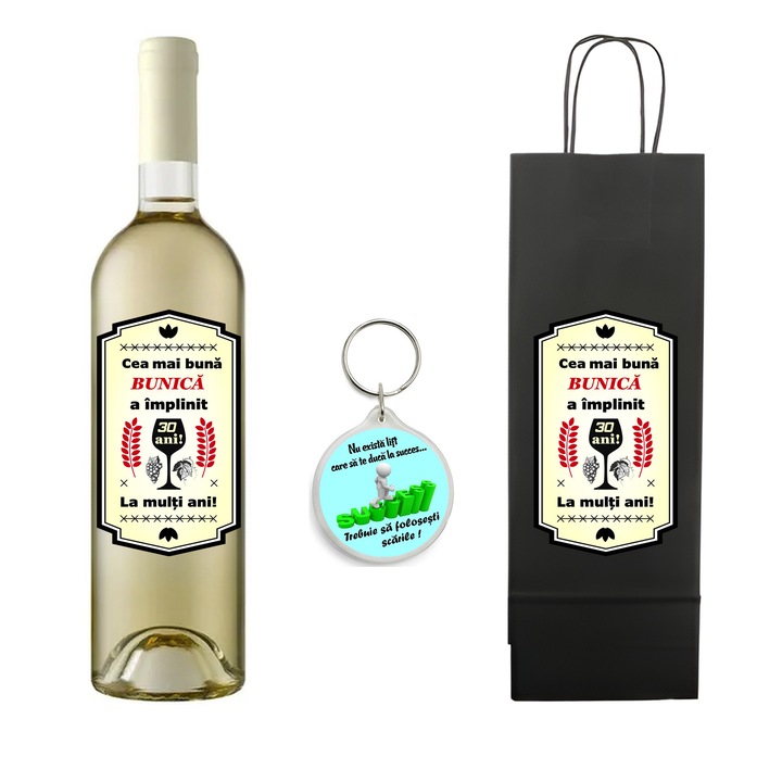 Set personalizat sticla de vin alb, demisec, Sauvignon Blanc, 750 ml, breloc succes si punga de cadouri cu imprimeu Cea mai buna bunica a implinit 30 ani