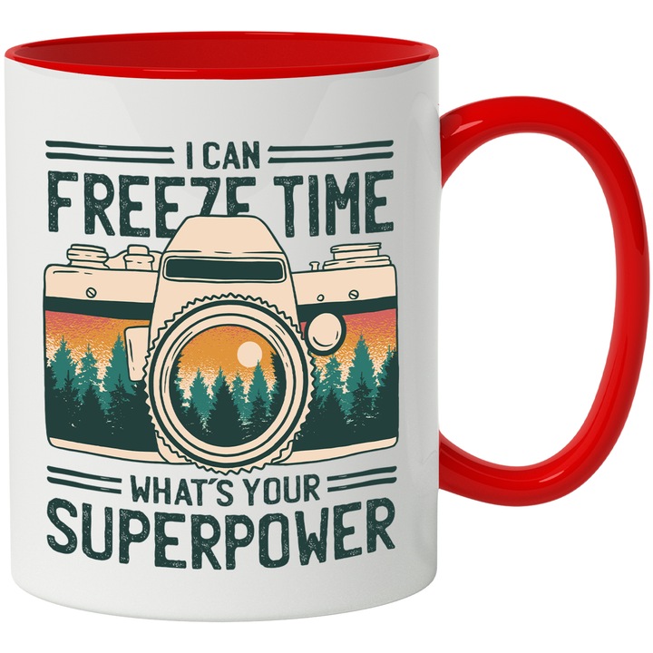 Cana Cu Aparat Foto Text In Engleza I Can Freese Time What's Your Super Power, Priveliste Monatna, Apus De Soare, Multicolor 330 ml, cu maner Rosu