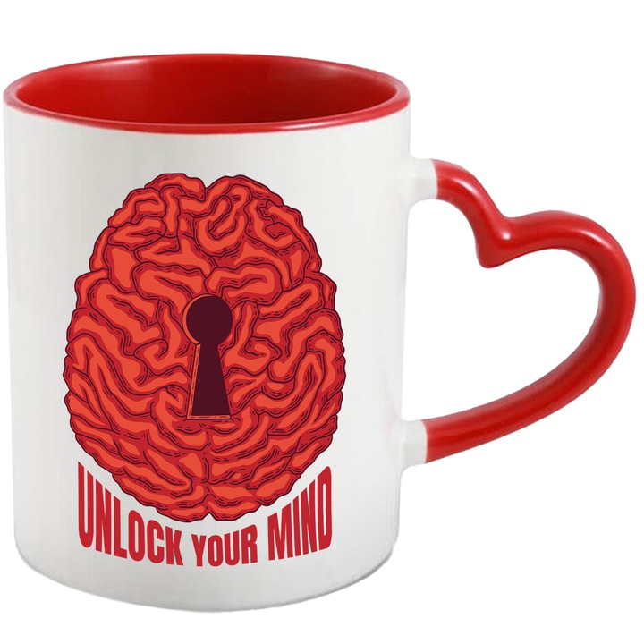 Cana Cu Creier Cu Urma De Cheie, Text In Engleza Unlock Your Mind, Inteligenta, Dezvoltare Personala, Multicolor 330 ml, cu maner Inima Rosie