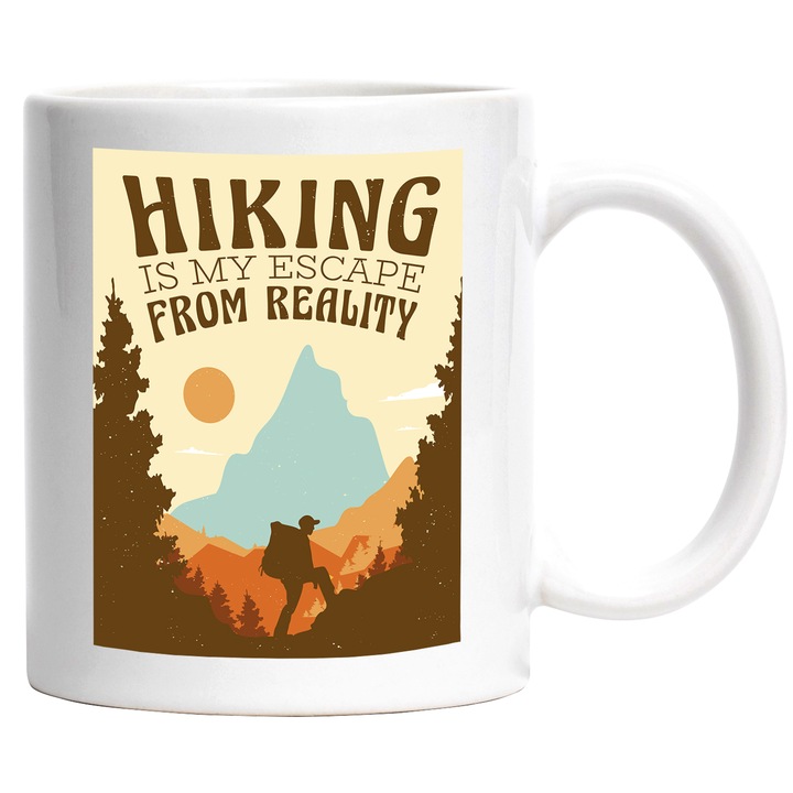 Cana Cu Mesaj Hiking Is My Escape From Reality, Priveliste Montana, Cercetas, Iubitorii De Aventura, 330 ml, cu maner Alb