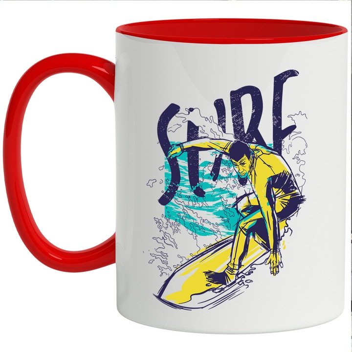 Cana Cu Om Pe Valuri Pe Placa DE Surf, Hawaii, Text In Engleza Surf, Sport Pe apa, Iubitorii De Vara, 330 ml, cu maner Rosu