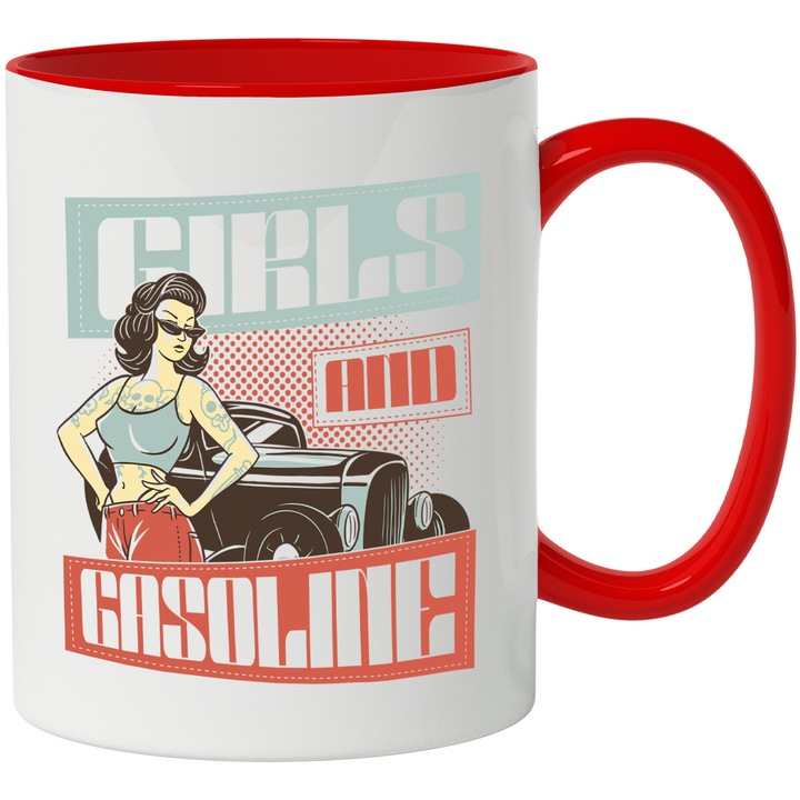 Cana Cu Fata Cu Tatuaje Ochelari De soare, Masina Vintige Clasica, Text In Engleza Girls Gasoline, Masini Sport, Multicolor 330 ml, cu maner Rosu