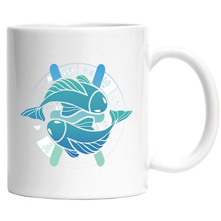 Cana Cu Semn Zodiac Pesti, Semn Simbolic Iubitorii De Zodiac, 330 ml, cu maner Alb