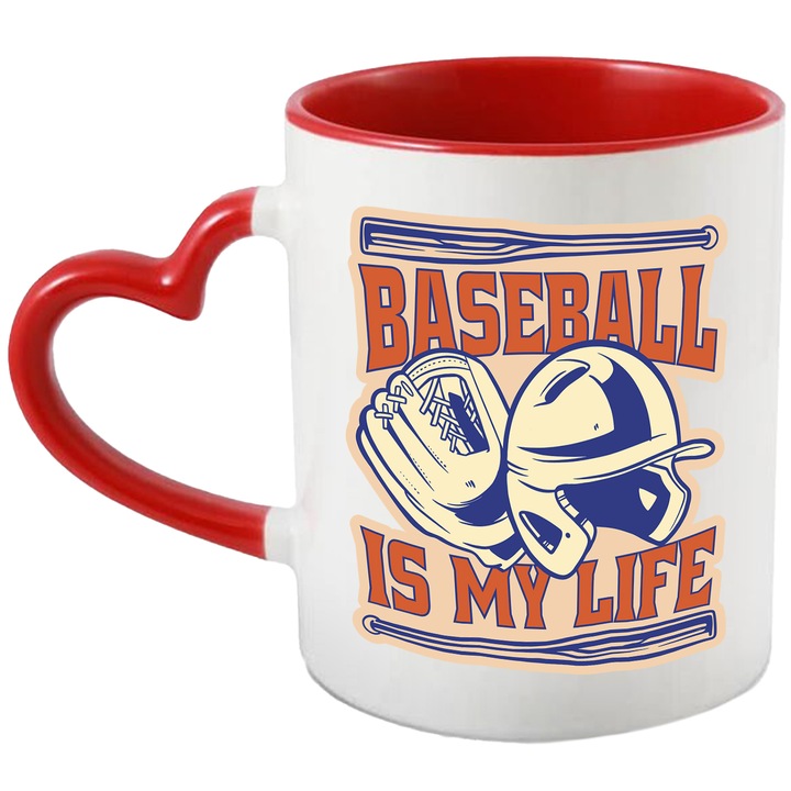 Cana Cu Echipament Baseball Casca Manusi Bata, Text In Engleza Baseball My LIfe, Iubitorii De Sport In Echipa, Multicolor 330 ml, cu maner Inima Rosie