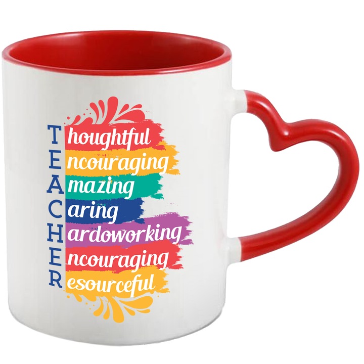 Cana Cu Text In Engleza Teacher, Initiale, Elemente Educationale, Rechizite Scoala, Profesor, Multicolor 330 ml, cu maner Inima Rosie