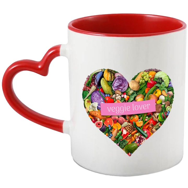 Cana Cu Inima Legume Multicolore, Text In Engleza Veggie Lover, Vegetarian, Eco, Legume, Multicolor 330 ml, cu maner Inima Rosie