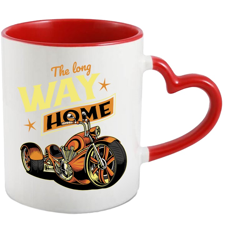 Cana Cu Text In Engleza The Long Way Home, Motocicleta Mare, Motor Puternic, Motocicleta Clasica, Aventura, Multicolor 330 ml, cu maner Inima Rosie