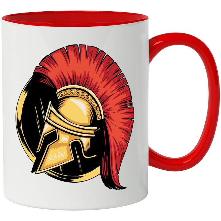 Cana Cu Simbol Luptator Gladiator In Atac, Armura De Aur, Istorie Antica, Multicolor 330 ml, cu maner Rosu