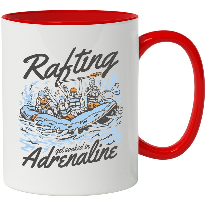 Cana Cu Oameni Pe Barca Conflabila, Text In Engleza Rafting Get Soaked In Adrenaline, Sport Pe Apa, Iubitorii De Adrenalina, 330 ml, cu maner Rosu