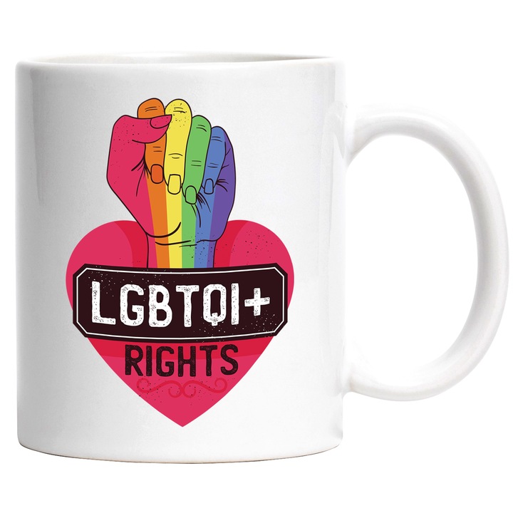 LGBTQI+ Fist Cup, English Message Rights, Diversity Lovers, 330 ml, с бяла дръжка