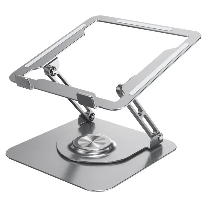 Ергономична MTP регулируема стойка за лаптоп и таблет, въртяща се на 360 градуса основа, 3 оси за регулиране, вентилация, прилепваща повърхност, сребро