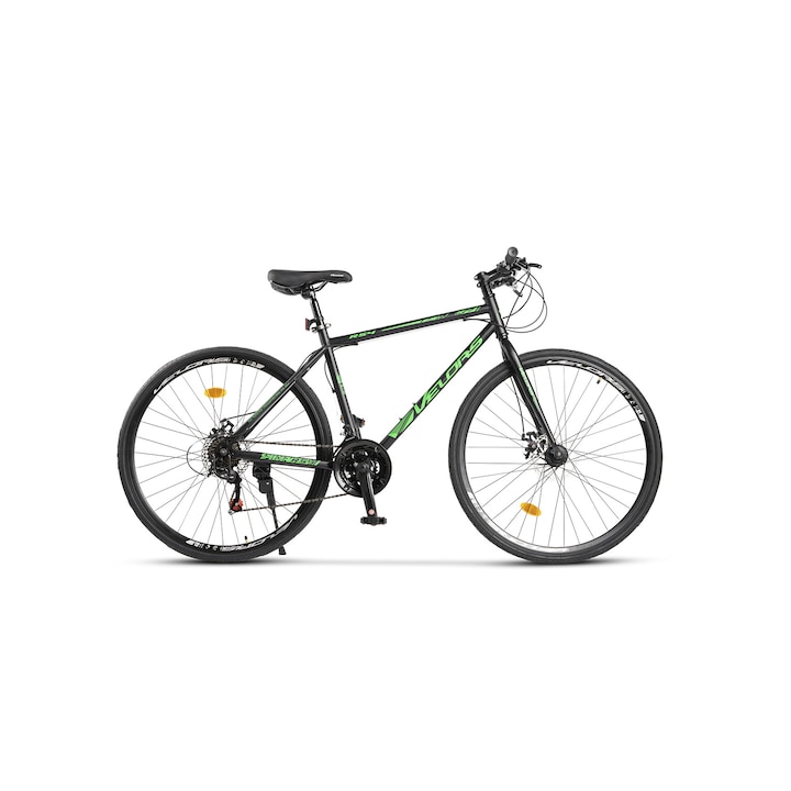 Градски велосипед с 28" колела, фиксирана вилка, дискови спирачки, последователни лостове, дерайльор Shimano, 21 скорости, черно/зелено, градски велосипед Velors Speeder RS4 със стоманена рамка
