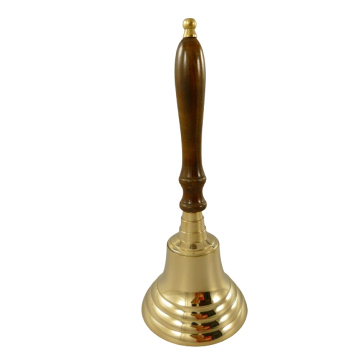 Clopot de masa din alama lucioasa, maner lemn, H 33 cm