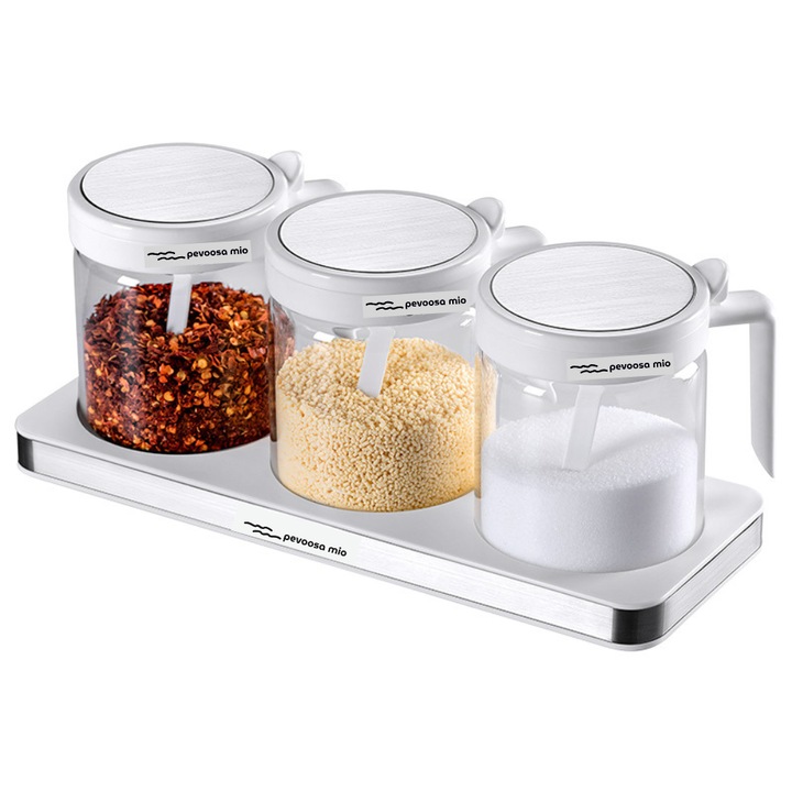 Set 3 recipiente condimente din sticla borosilicata cu capac alb si lingurita din plastic, 400 ml, cu tava depozitare inclusa