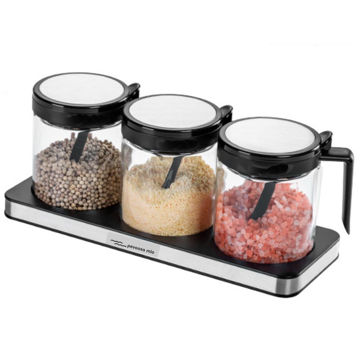 Set 3 recipiente condimente din sticla borosilicata cu capac negru si lingurita din plastic, 400 ml, cu tava depozitare inclusa