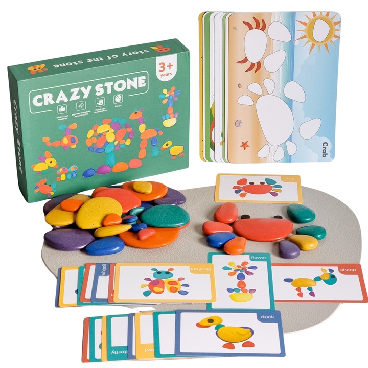 Joc educativ Montessori sortare, potrivire si stivuire pietricele, echilibru, 68 piese, carduri activitati, dezvoltare motricitate fina, logica si creativitate, 3+ ani