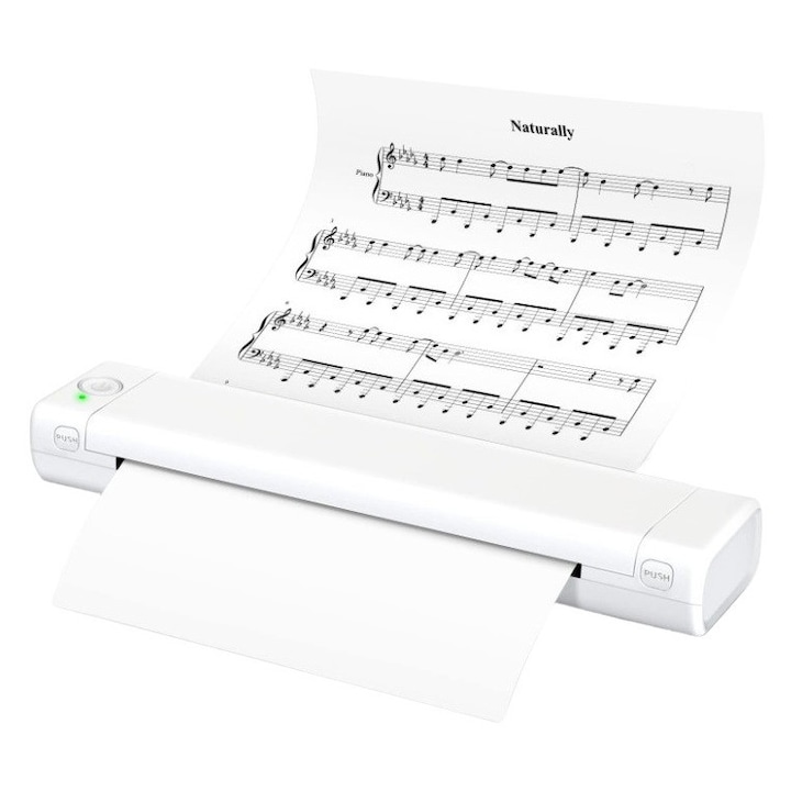 Imprimanta termica portabila A4, Bluetooth, USB, compatibila cu iOS/Android/Windows/MAC, printare termica directa, fara tus, aplicatie, baterie de 1200 mAh, Alb