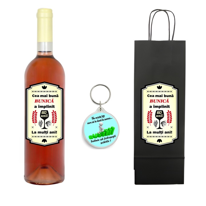Set personalizat sticla de vin rose, demisec, 750 ml, breloc succes si punga de cadouri cu imprimeu Cea mai buna bunica a implinit 60 ani