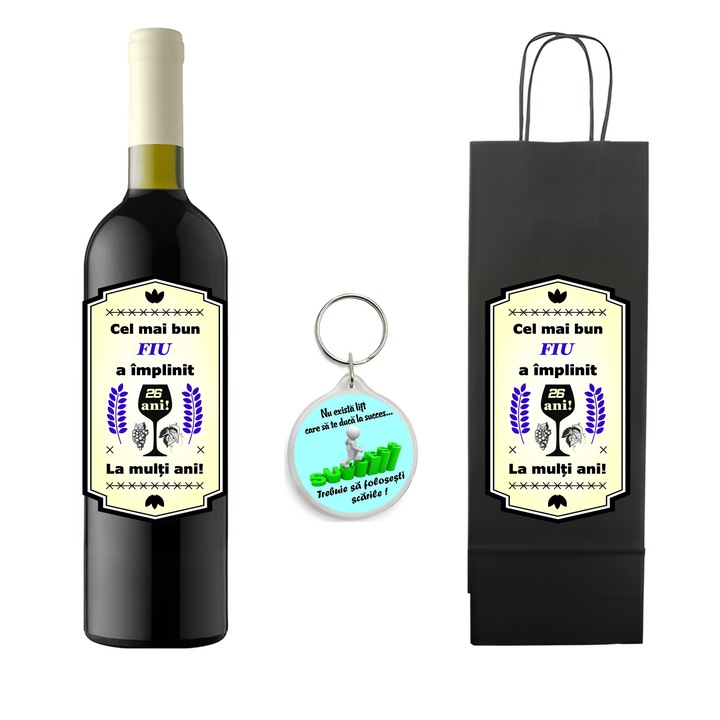 Set personalizat sticla de vin rosu, demisec, Feteasca Neagra, 750 ml, breloc succes si punga de cadouri cu imprimeu Cel mai bun fiu a implinit 26 ani