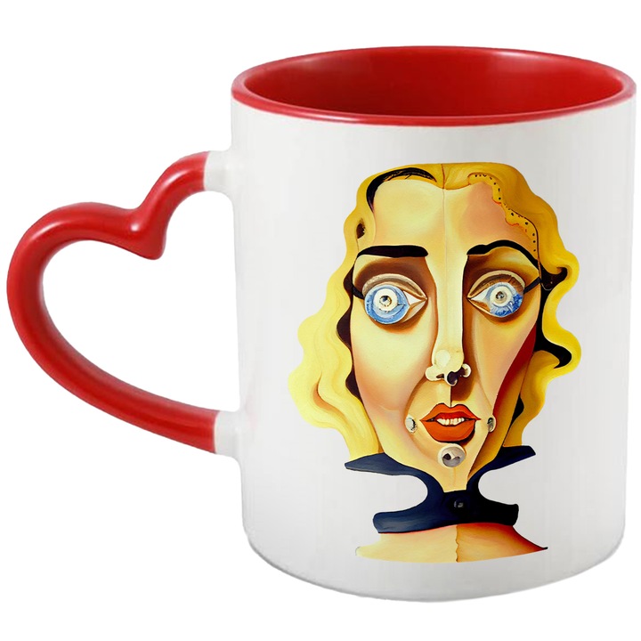 Cana Cu Portret Femeie Cusuta Blonda, Caricatura, Buze Rosii, Tinuta Guler, Multicolor 330 ml, cu maner Inima Rosie