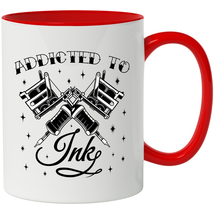 Cana Cu Aparat De Tatuaje Text In Addicted To Ink, Stele, Arta, Exprimare, Alb Negru 330 ml, cu maner Rosu