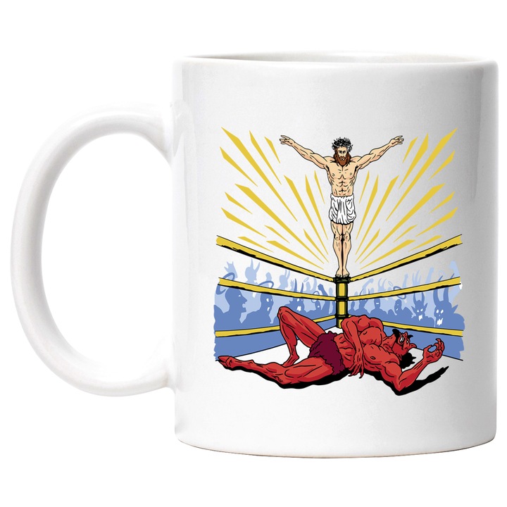 Cana Cu Iisus In Ring Invingator Fata De drac, Credincios, Iubitorii De Spiritualitate, 330 ml, cu maner Alb