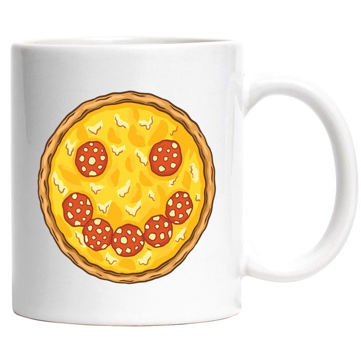 Cana Cu Pizza Salami Pepperoni, Smiley Face, Italia, Iubitorii De Fast Food, Multicolor 330 ml, cu maner Alb