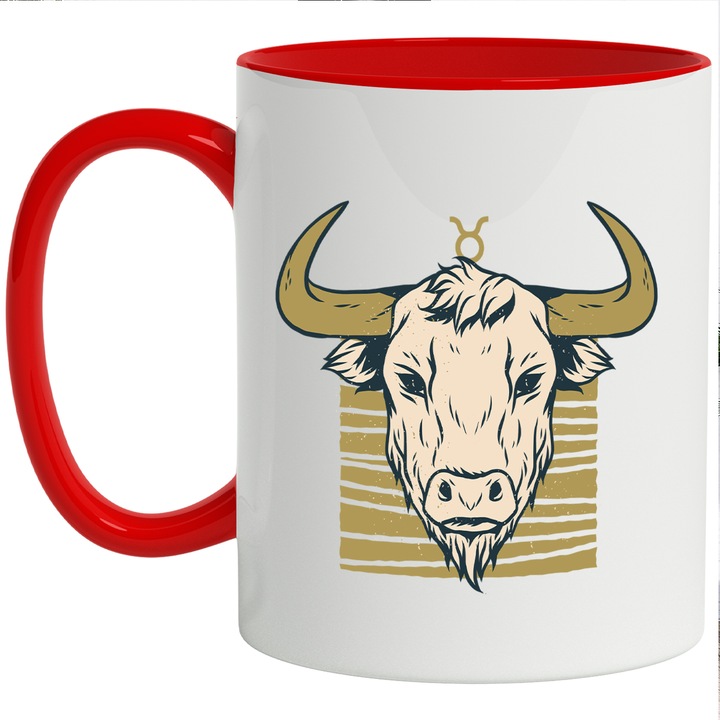 Cana Cu Semn Zodiac Taur, Animal Coarne Lungi Semn Simbolic Taurus, Mituri, Iubitorii De Zodiac, 330 ml, cu maner Rosu