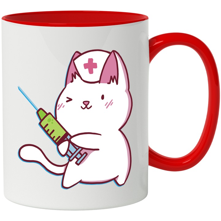 Cana Cu Pisica Alba Asistenta Cu Seringa, Asistente Medicale Super Erou, Iubitorii De Medicina, 330 ml, cu maner Rosu