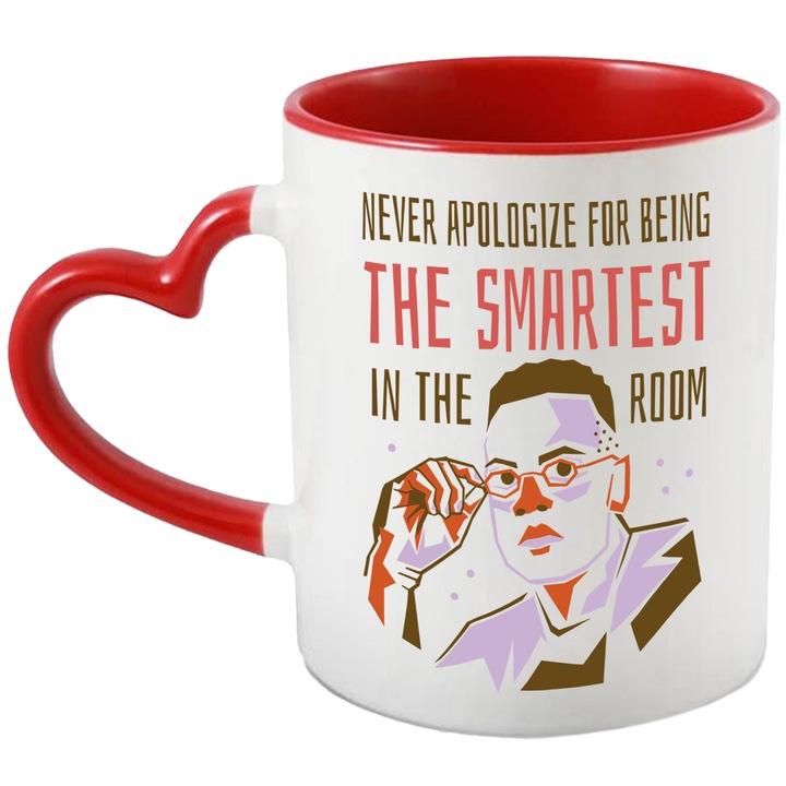 Cana Cu Barbat Cu Ochelarii, Text In Engleza Never Apologise For Being The Smartest In The Room, Cel Mai Destept Din Camera, Multicolor 330 ml, cu maner Inima Rosie