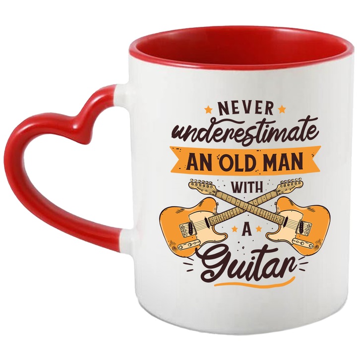 Cana Cu Chitara Electrica, Text In Engleza Never undestimate An Old Man With A Guitar, Bunic, Muzica Rock, 330 ml, cu maner Inima Rosie