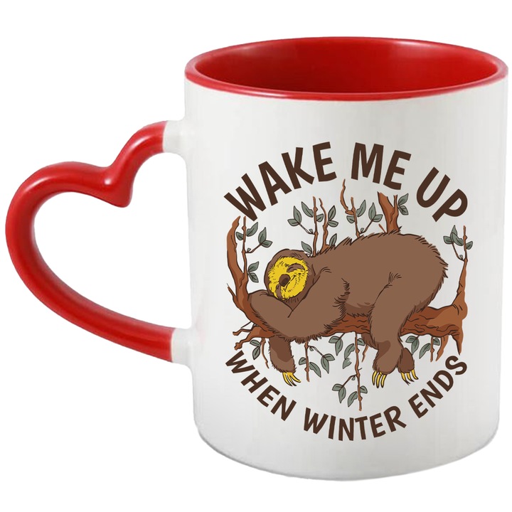 Cana Cu Animal Lenes Dormind Pe O Creanga, Text In Engleza Wake Me Up When Winter Ends, Iubitorii De Somn 330 ml, cu maner Rosu