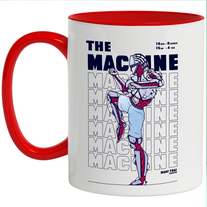 Cana Cu Om Robot In Pozitie De Karate, Text In Engleza The Machine, Inteligenta Artificaia, Iubitorii De Robotica, 330 ml, cu maner Rosu