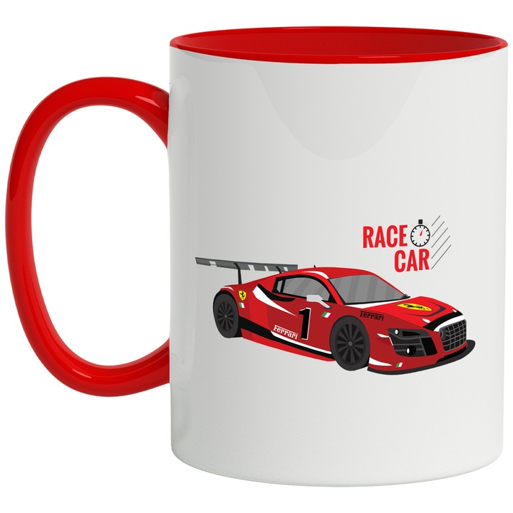 Cana Cu Masina Rosie Sport Curse, Text In Engleza Race Car, Viteza, Mecanica, Multicolor 330 ml, cu maner Rosu